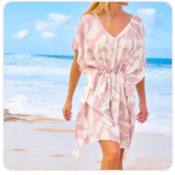 Poolside Paradiso Islander Coverup Dress Tassel Floral Mauve Pink Sz M/L - Picture 1 of 9